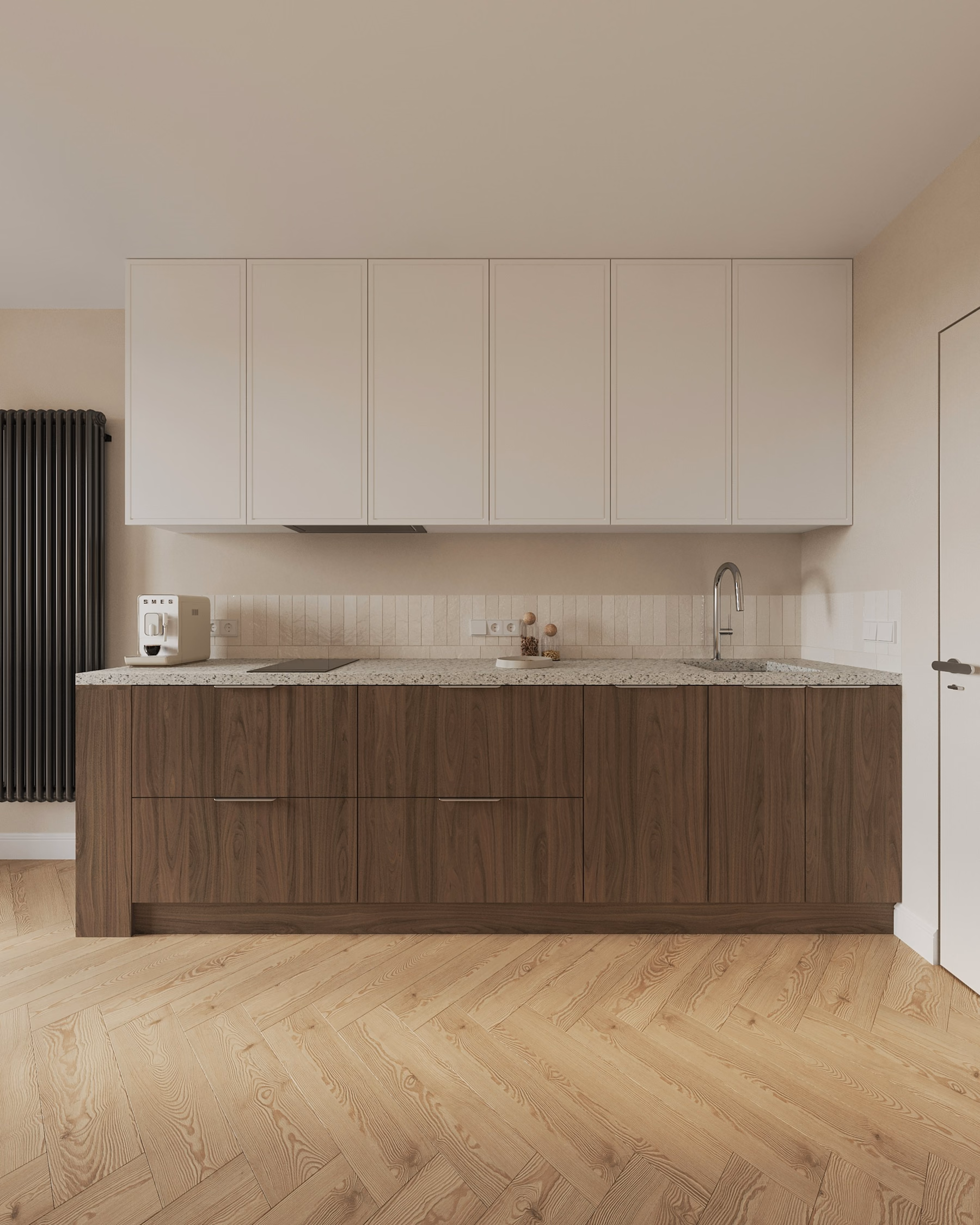 Walnut and cream cabinets with a speckled countertop